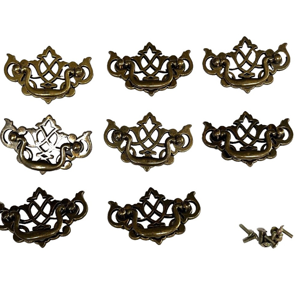 Drawer Handles Brass Coloured Lot Of 8 Batwing Style With Bail Pulls Screws Vtg